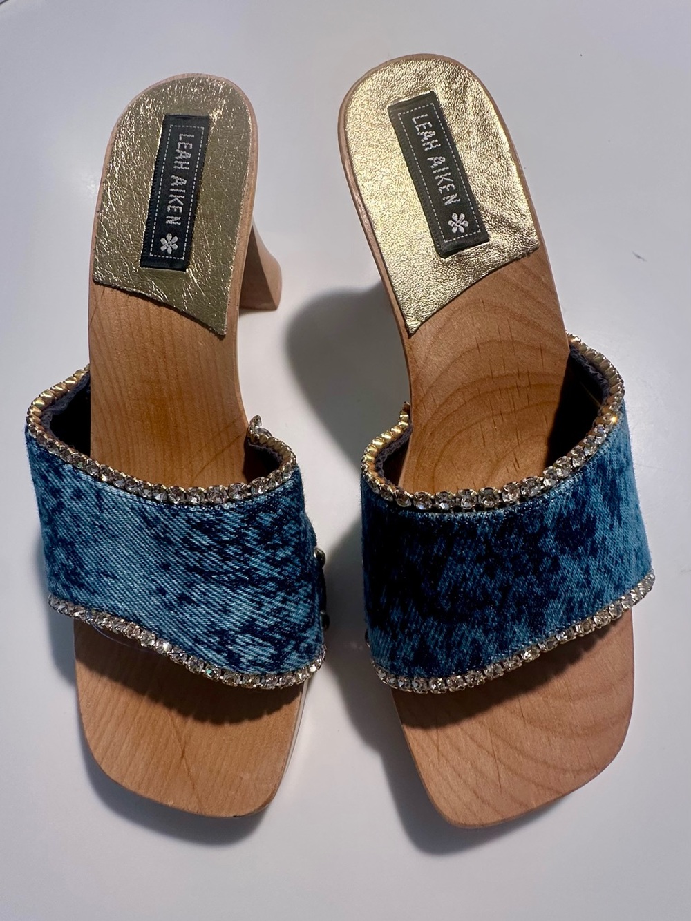 Blue Velvet Crystal-Trim Wooden Mules